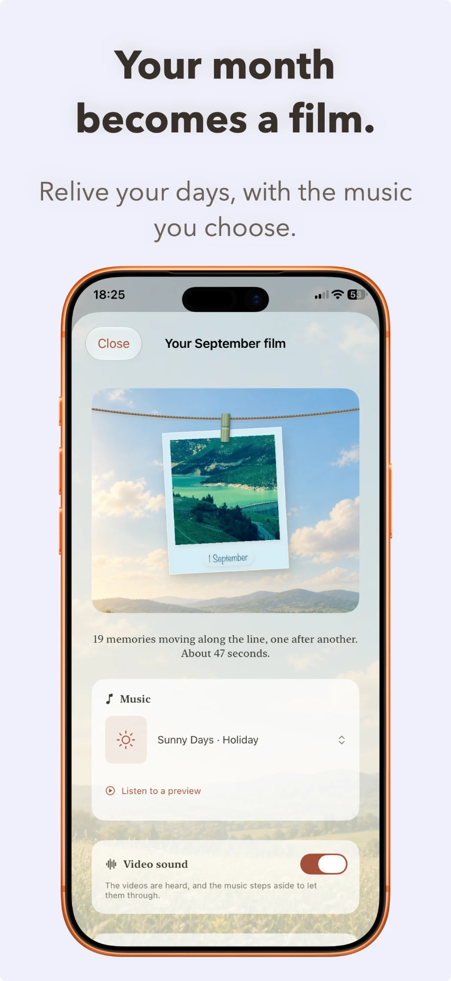 The monthly film screen, with the music picker and the video audio switch.