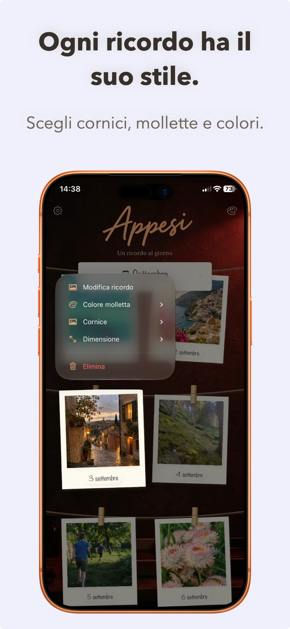 Il menu per cambiare cornice, colore della molletta e dimensione della Polaroid.